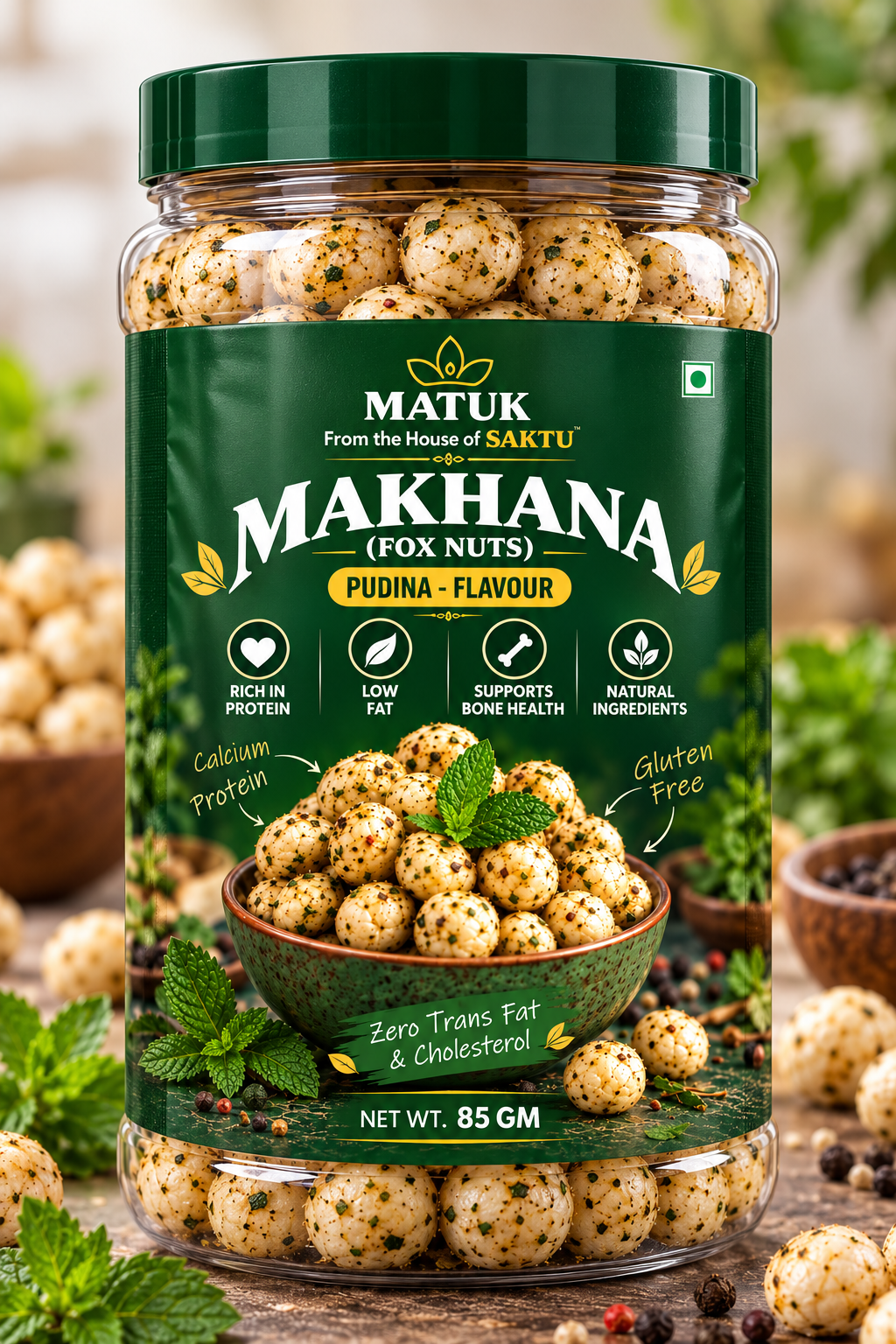 MATUK Pudina Flavoured Makhana (Fox Nuts) Net Wt. 85 g Jar