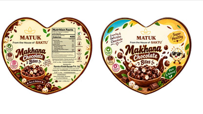 Two heart-shaped Matuk Makhana Chocolate Bites packaging designs shown side by side on a white background, displaying the front and back of the box.